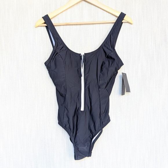 NWT Tommy Hilfiger Navy Over The Shoulder Half Zip One Piece Swimsuit, Size M - Picture 1 of 9